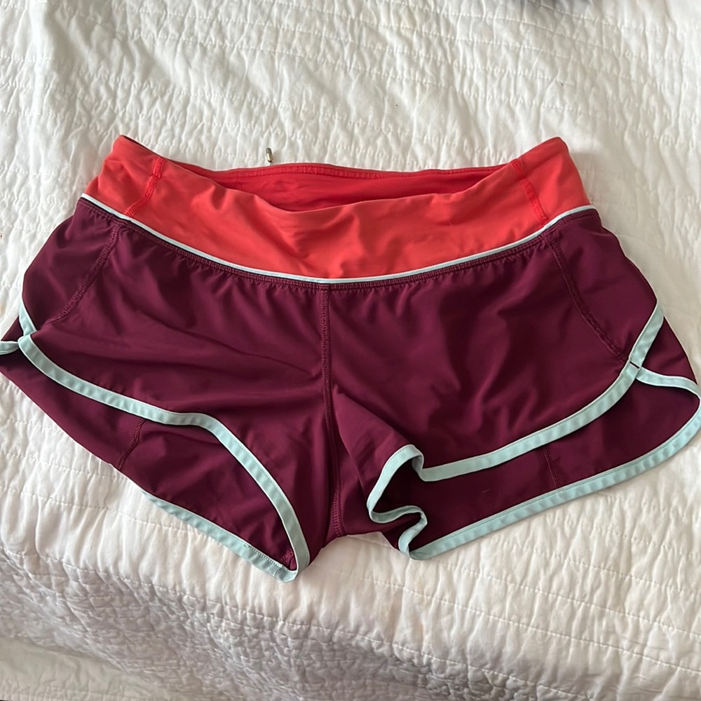 Lululemon Maroon with teal trim speed shorts size 6